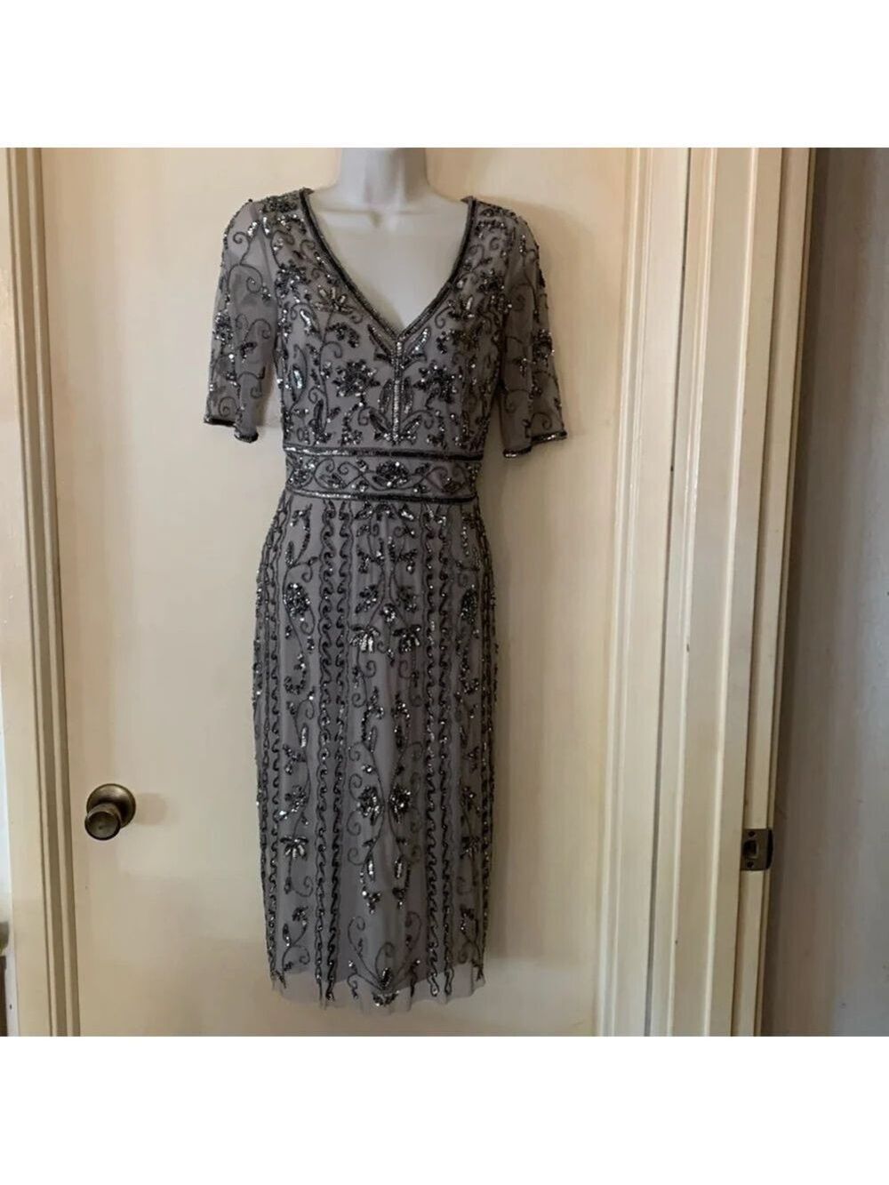 Adrianna Papell gunmetal grey beads and sequins gown size 2